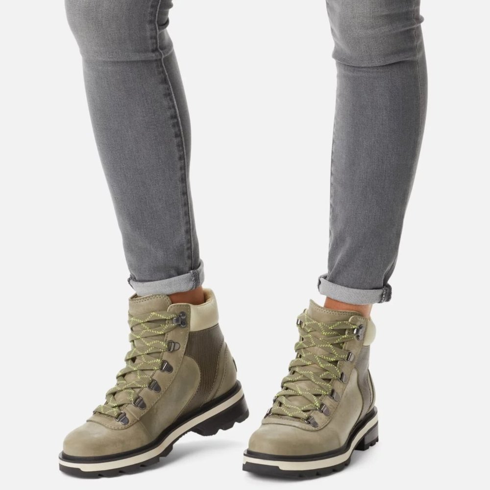 Sorel Lennox Hiker Stone Green STKD Leather Ankle Short Boots Bootie Shoes 6 NEW